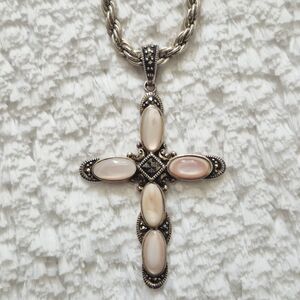 Vintage Sterling Silver MOP & Marcasite Cross Pendant
